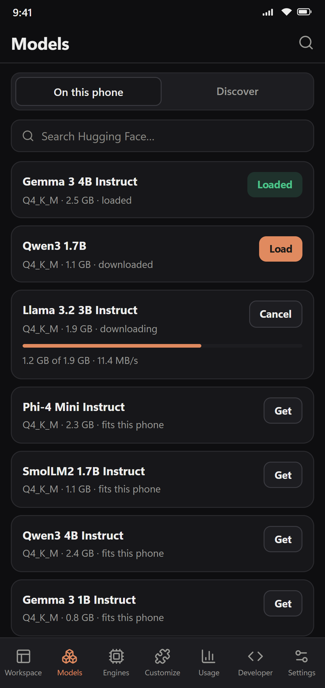 The TurboLLM Android app downloading a model on-device