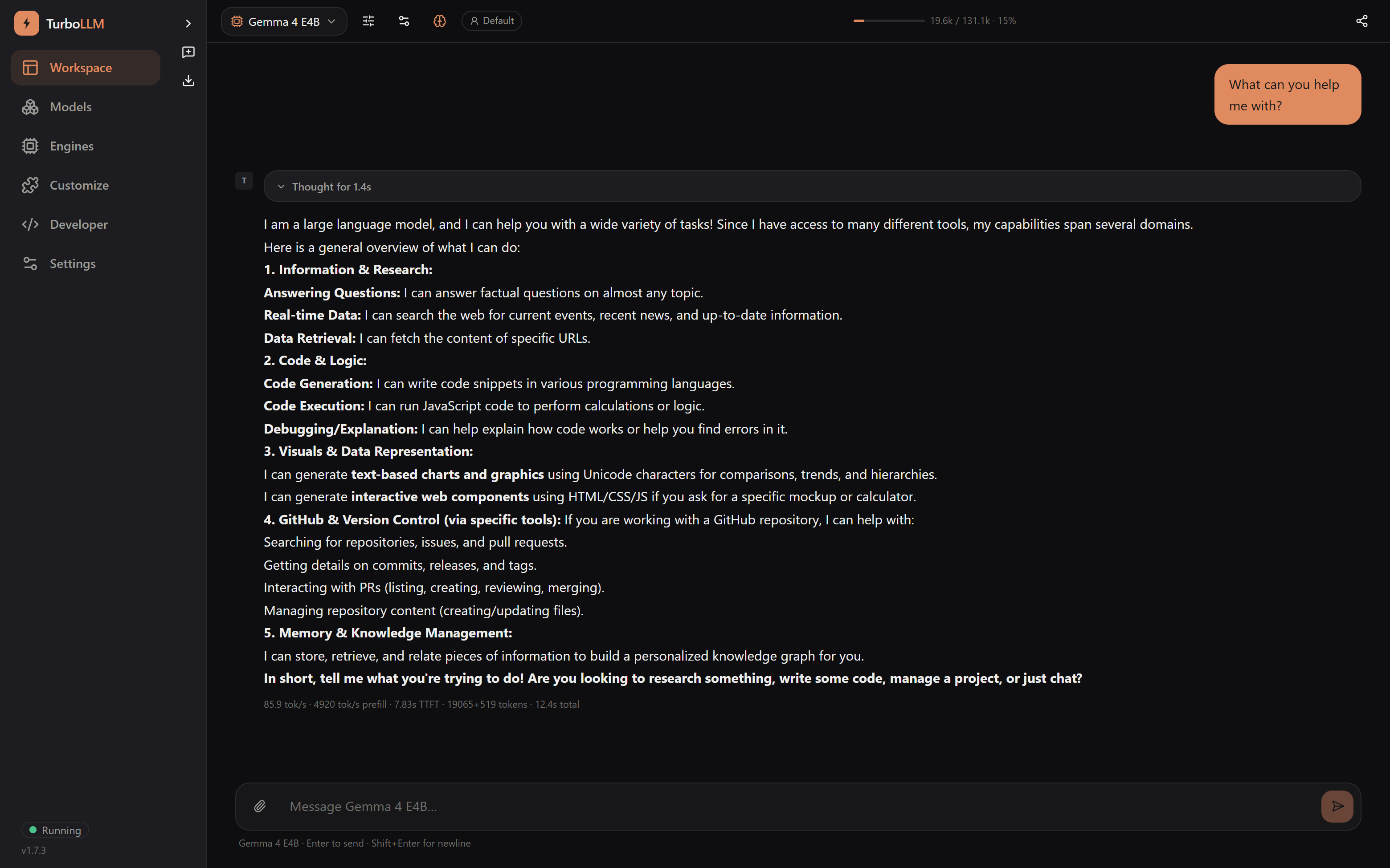TurboLLM chat with a local model, showing real generation speed of 85.9 tokens per second, dark mode
