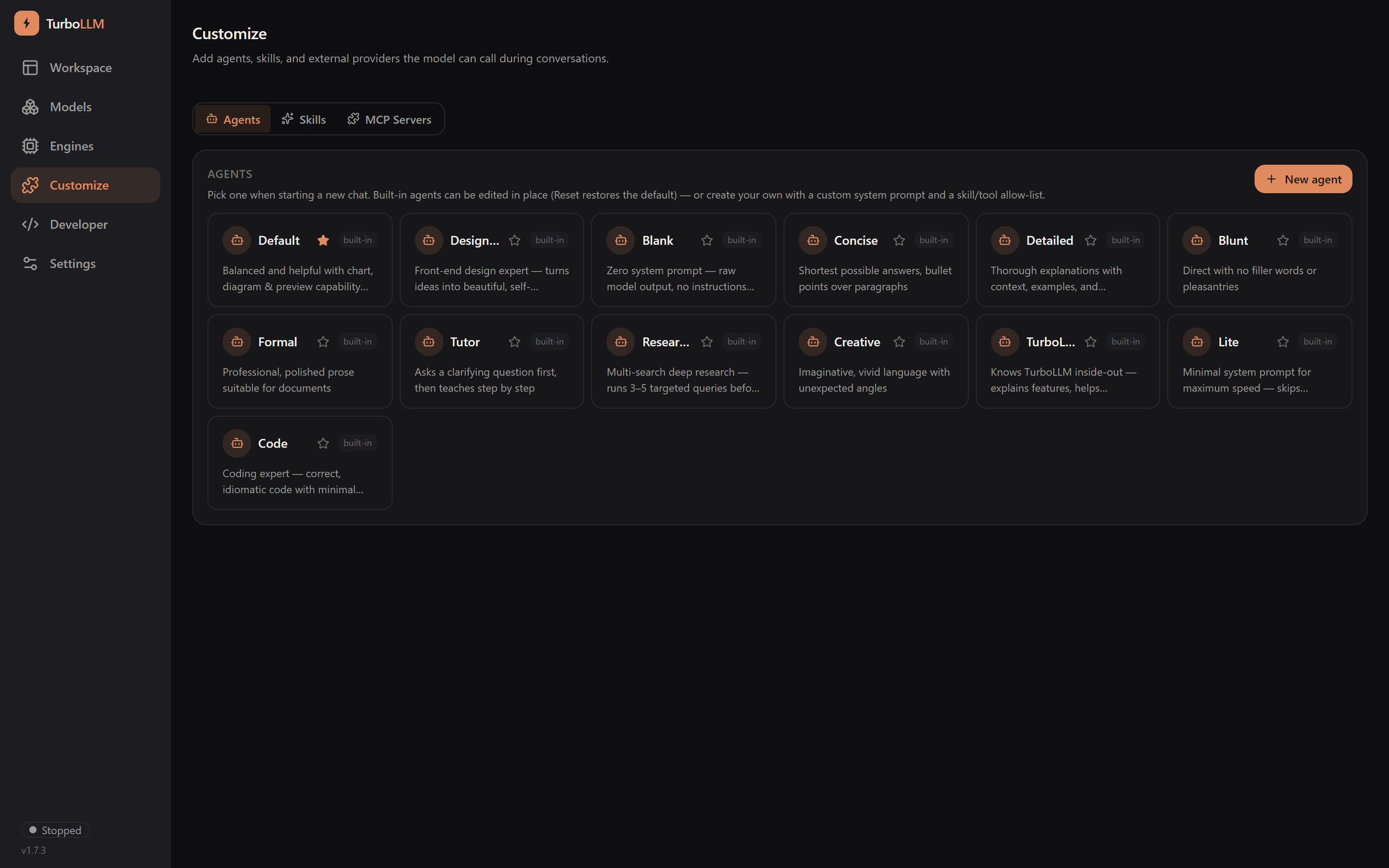 TurboLLM Customize screen with editable built-in agents, a custom system prompt, and a skill/tool allow-list, dark mode