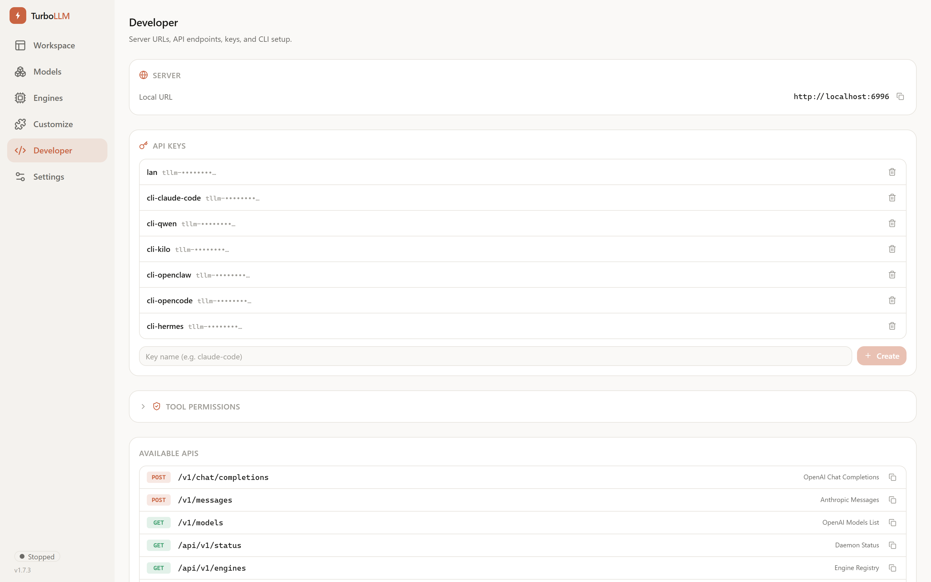 TurboLLM Developer screen showing OpenAI and Anthropic-compatible endpoints and API key management, light mode