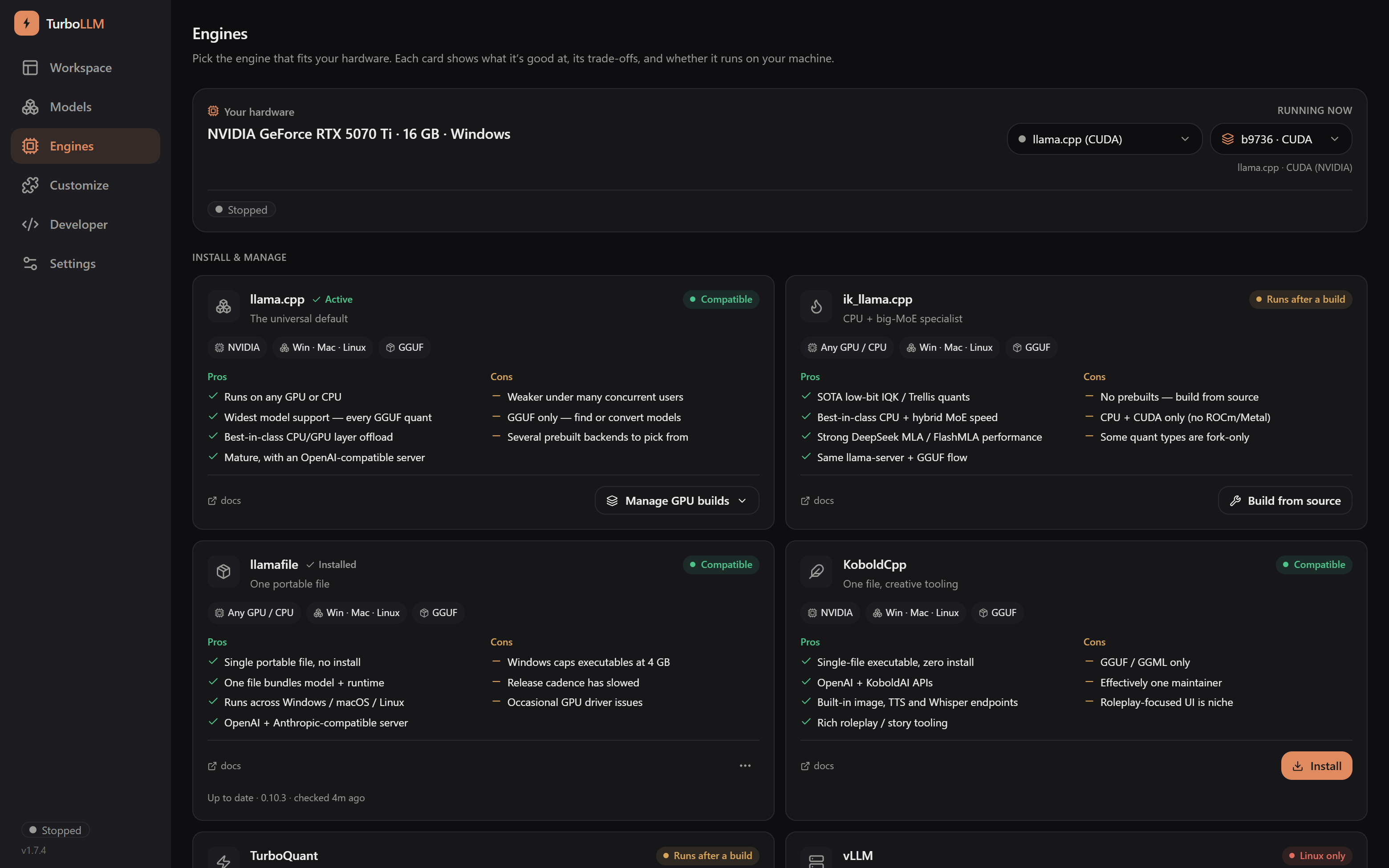 TurboLLM Engines screen showing hardware-fit marks and grounded pros/cons for llama.cpp, ik_llama.cpp, llamafile, KoboldCpp, TurboQuant, and vLLM, dark mode