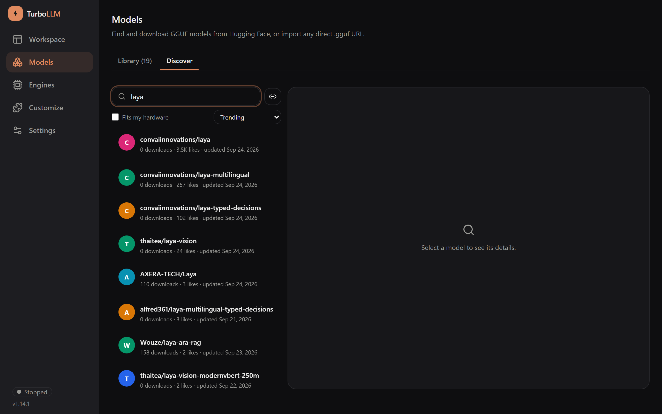 TurboLLM Models, Discover tab, searching for laya: convaiinnovations/laya is the first result, followed by other repositories with laya in the name, dark mode