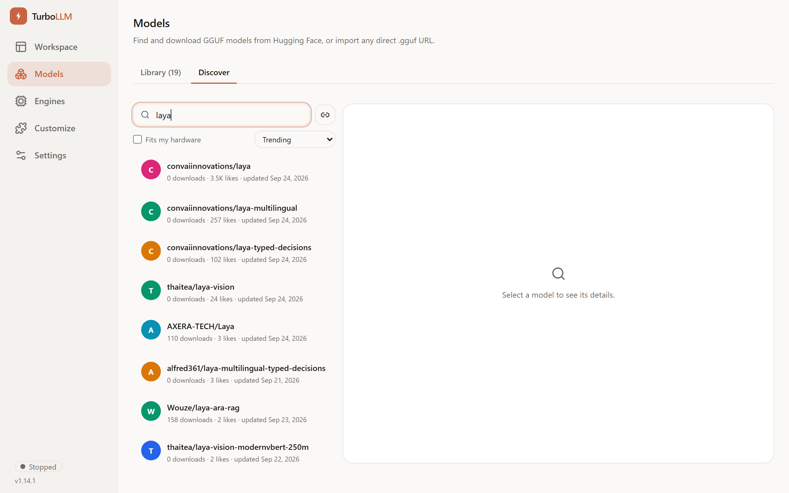 TurboLLM Models, Discover tab, searching for laya, light mode