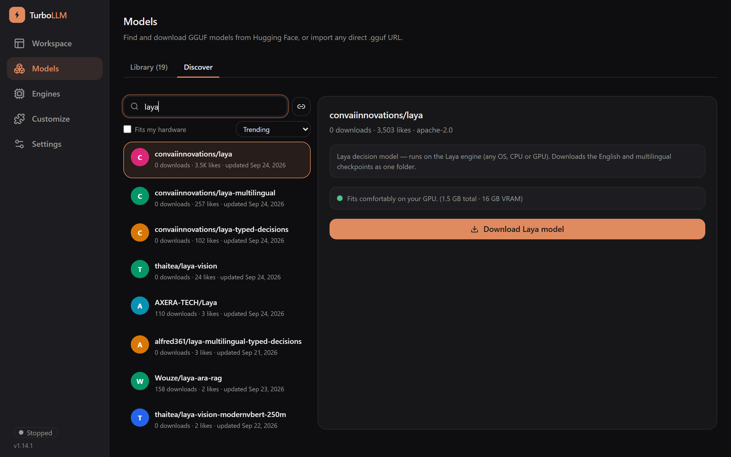 The convaiinnovations/laya panel in Discover: the description, the total size, and the Download Laya model button, dark mode