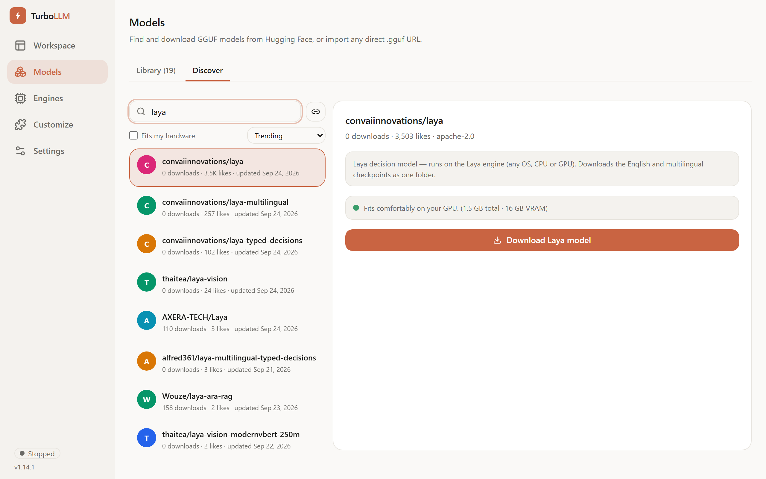 The convaiinnovations/laya panel in Discover with the Download Laya model button, light mode