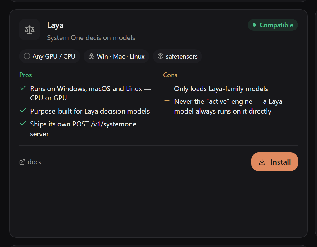 TurboLLM Engines screen: the Laya engine card with its Compatible badge, pros and cons, and the Install button, dark mode