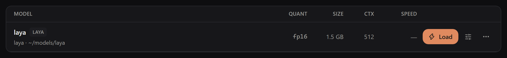 Models library with the laya model row: LAYA badge, fp16, 1.5 GB, context 512, and a Load button, dark mode