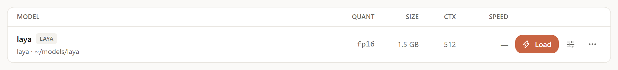 Models library with the laya model row and its Load button, light mode