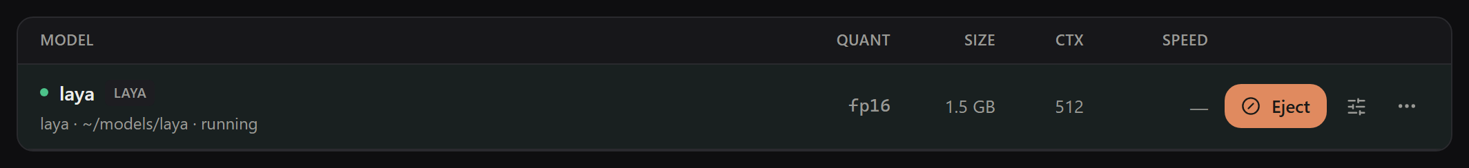The laya model row while running, with a green dot, the word running, and an Eject button, dark mode