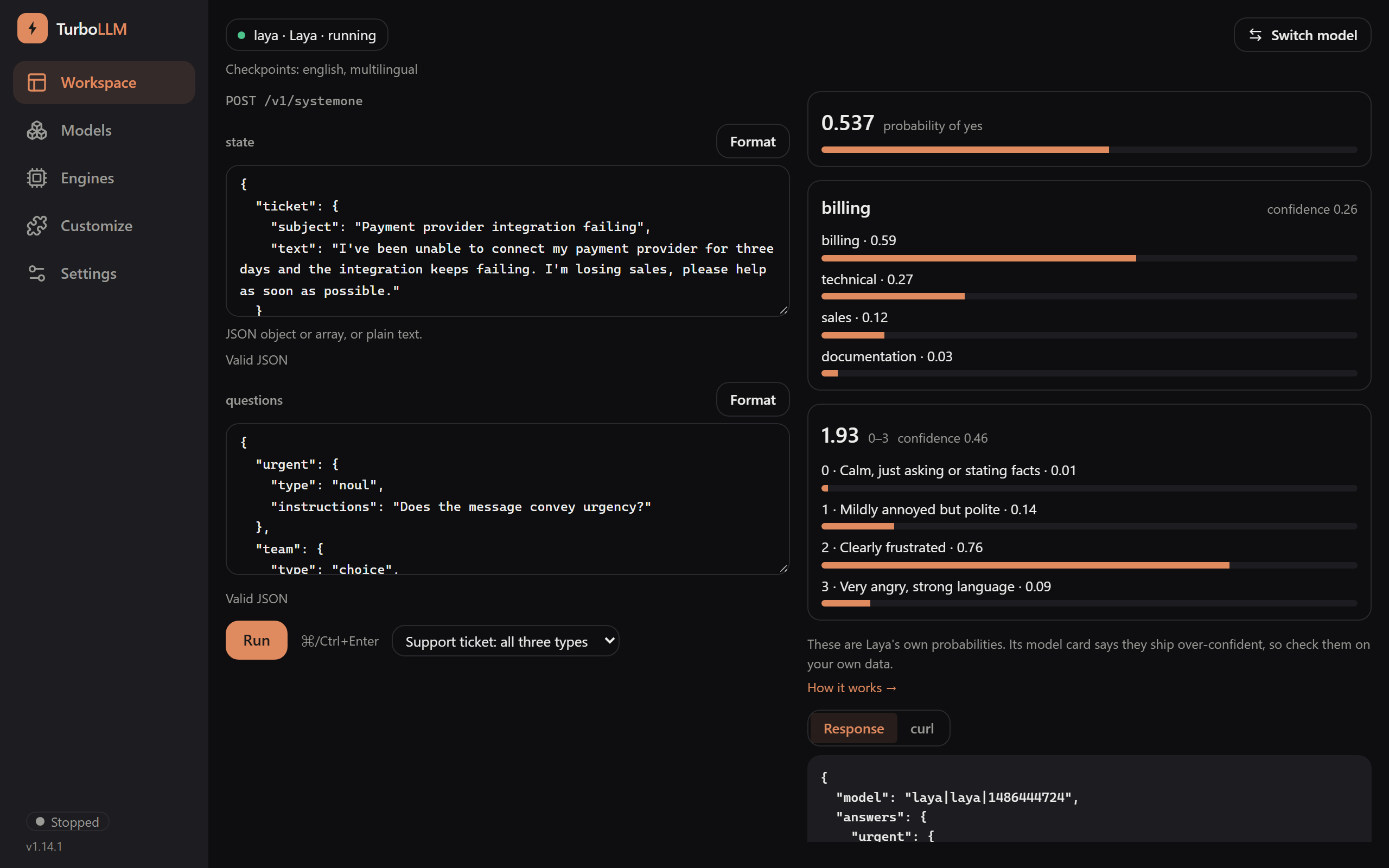 The playground with the laya model running: a support-ticket state and three questions on the left, and the answers with probability bars on the right, dark mode