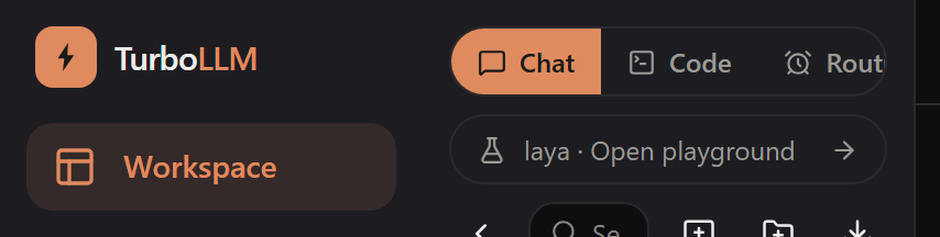 The Workspace sidebar with the Chat, Code and Routines tabs and a link reading laya, Open playground, dark mode