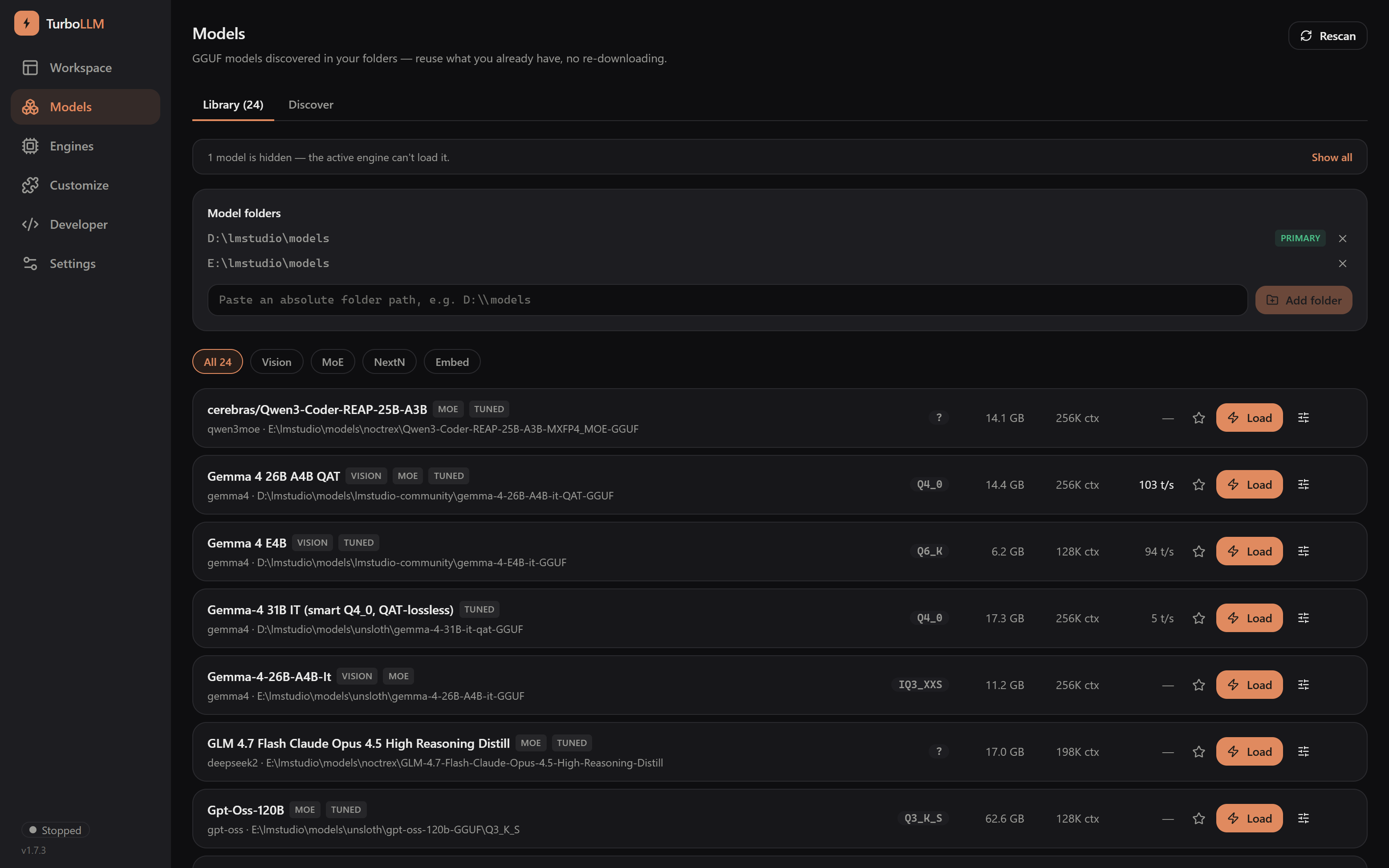 TurboLLM Models screen listing GGUFs with measured tokens/sec and VRAM-fit verdicts, dark mode