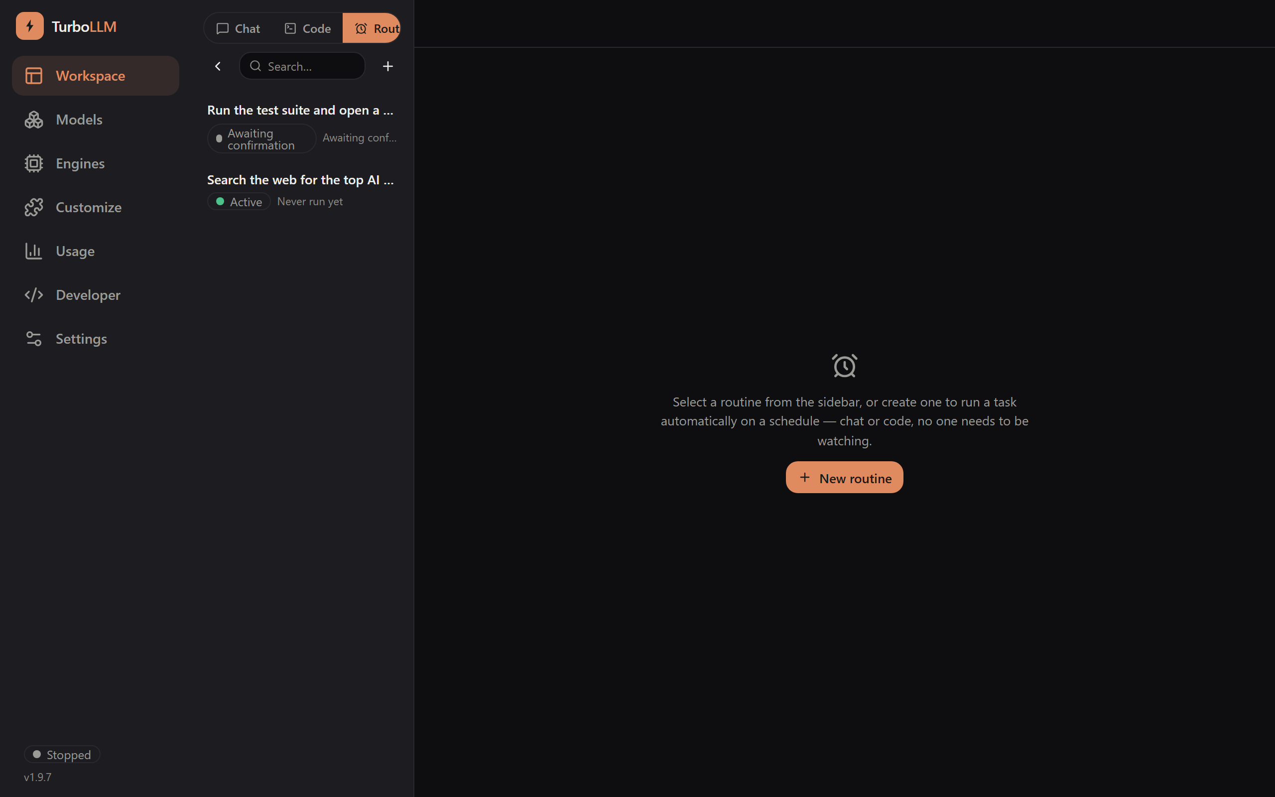 TurboLLM Routines panel, light mode