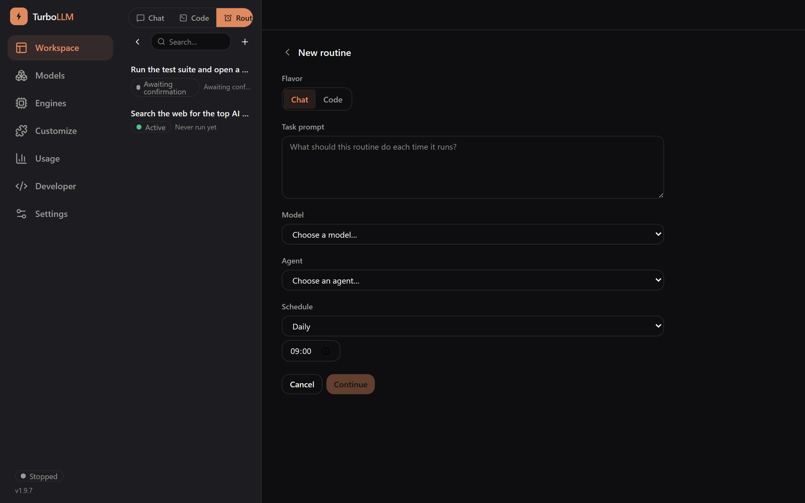 TurboLLM New routine form, light mode
